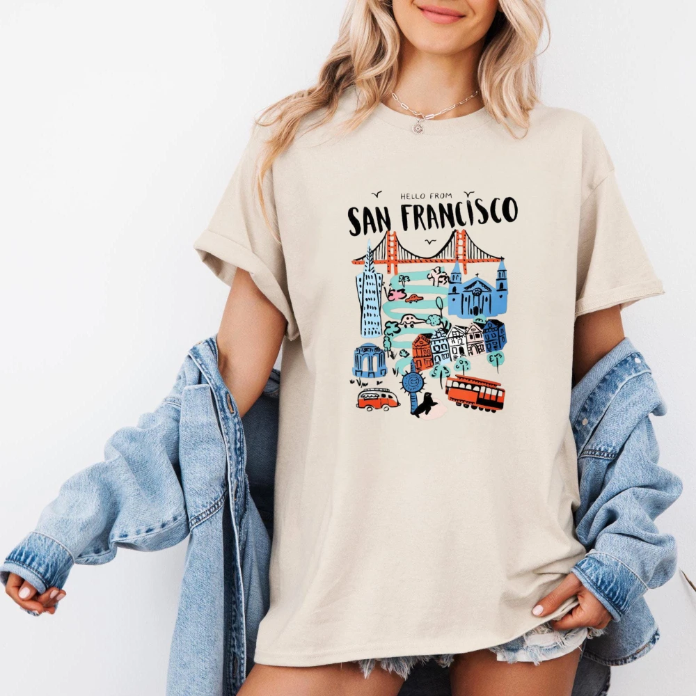 San Francisco Golden Gate Graphic Tee Cable Car City Map California Travel Souvenir Women Cotton Tops Fashion Y2k Streetwear Top