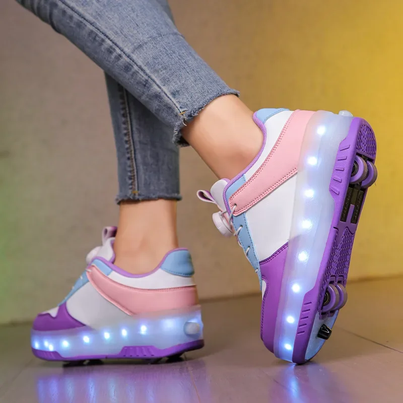 Sapatos de caminhada com luz led para crianças, fileira dupla, quatro rodas, patins de gelo, calçados unissex para crianças