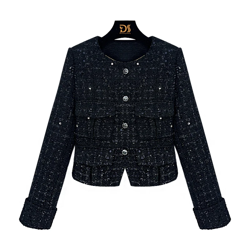 

2025 Fashion Elegant Round Neck Single Bretted Light Luxury Celebrity Heavy Industry Sequin High-end Tweed Braided Jacket