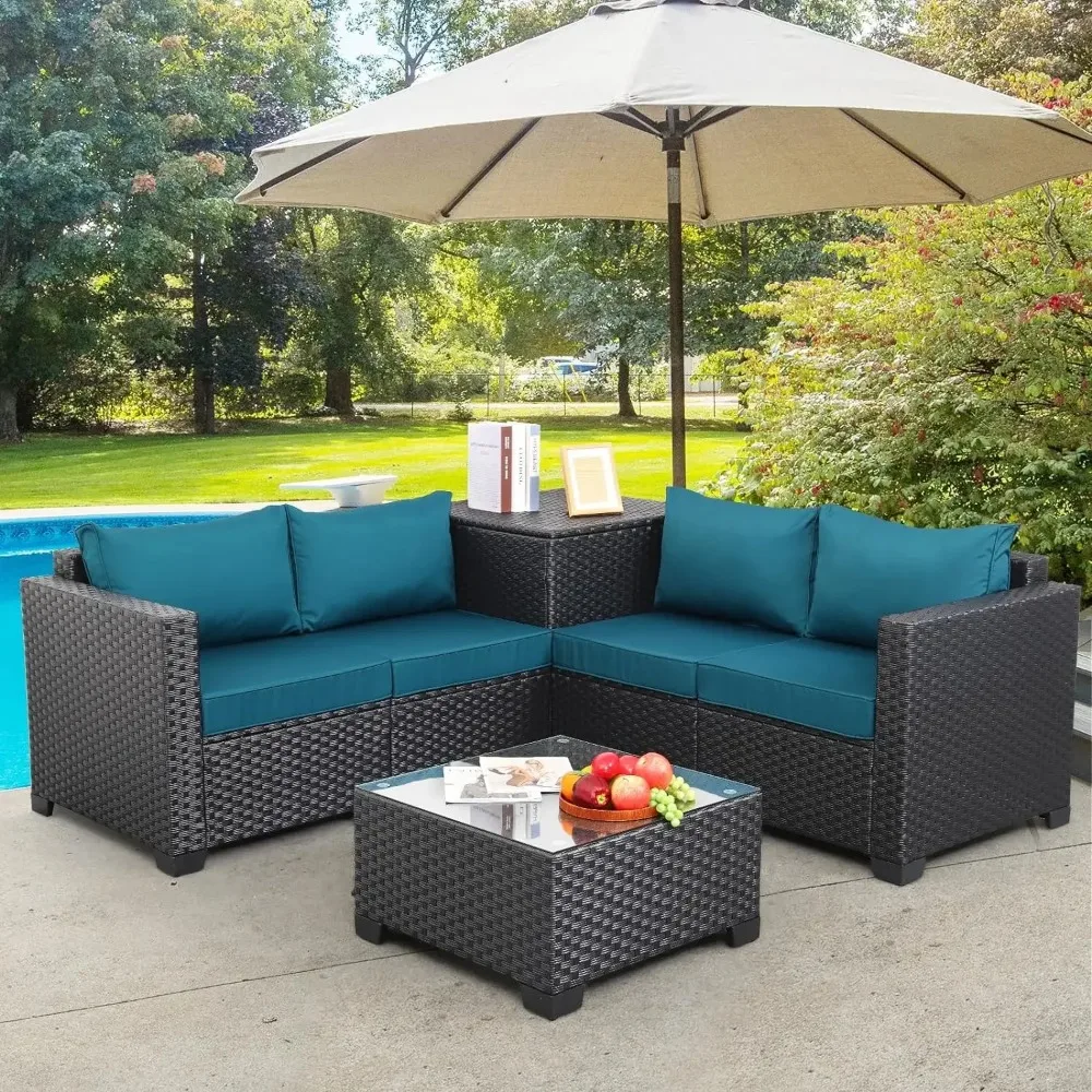 Outdoor 4Piece Patio Rattan Sectional Sofa Couch Conversation Set with Storage Box Glass Top Table and Anti-Slip Peacock Cushion