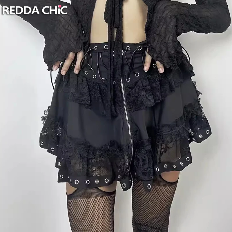 

ReddaChic Retro Black Lace-up Mini Skirt Women Grunge Y2k Zip-up Ring Stitch Ruffle Cake Skirt Lace Trim Goth Lolita Puffy Skirt