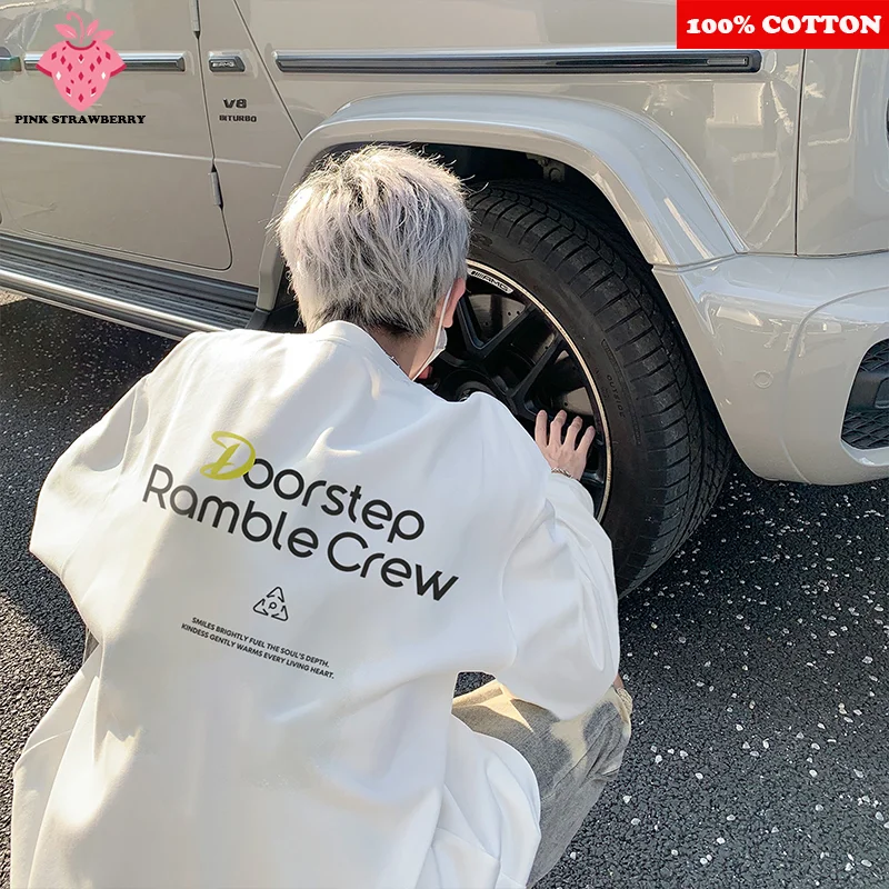 

White Pure cotton Letter Print Long sleeved T-shirt Men Women Autumn 2025 New Oversize Casual Loose T-shirt Y2k Top Men clothing