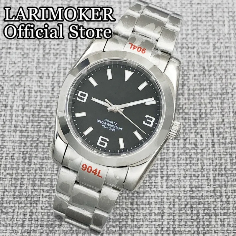 LARIMOKER Jam Tangan Hitam 36Mm/39Mm dengan Dial Kaca Safir Pria Bercahaya Hijau RONDA 515 Gerakan Kuarsa Jam Tangan Tahan Air 10Bar