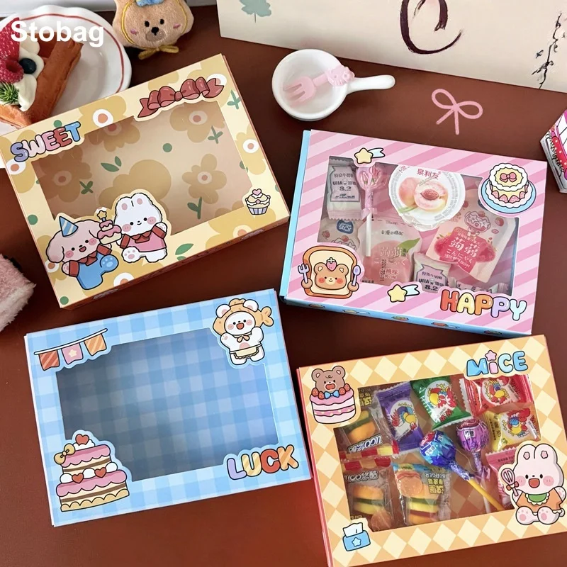 

StoBag 10 шт., мультяшная крафт-бумага, подарочный ящик для конфет с окном, милая детская упаковка для хранения, подарок на день рождения