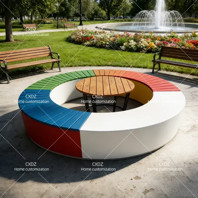 Outdoor Round Leisure Chair and Table Set Plastic Wood Sunscreen Seat Stool with Coffee Table for Park Square Commercial