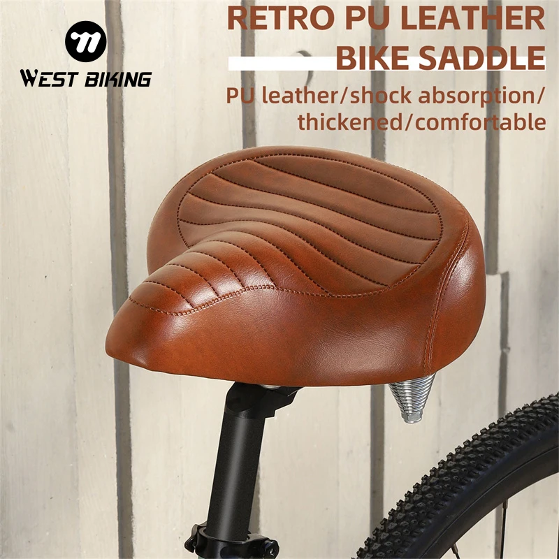 WEST BIKING Retro Bicycle Saddle Widen Comfortable Road MTB City Bike Seat Soft Cushion Leather Brown Shock Absorption Saddle