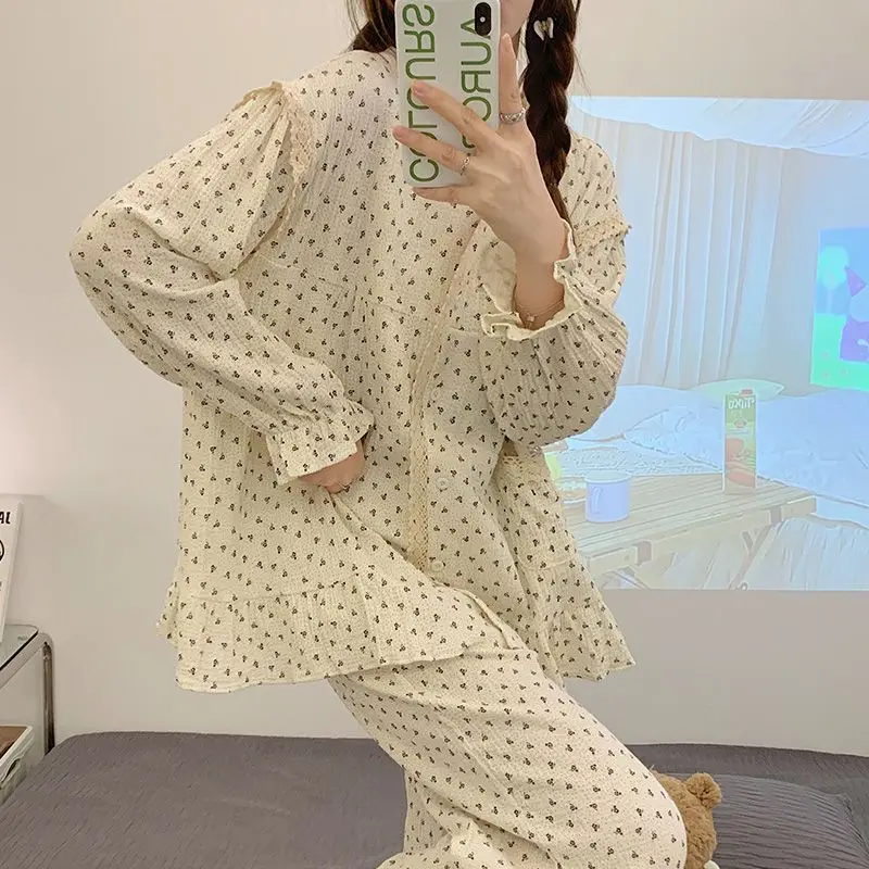 O-neck Pajama Sets Women Lace Edge Sweet Printed Full Length Sleepwear Autumn Ladies Students Leisure Bedroom Soft Comfortable