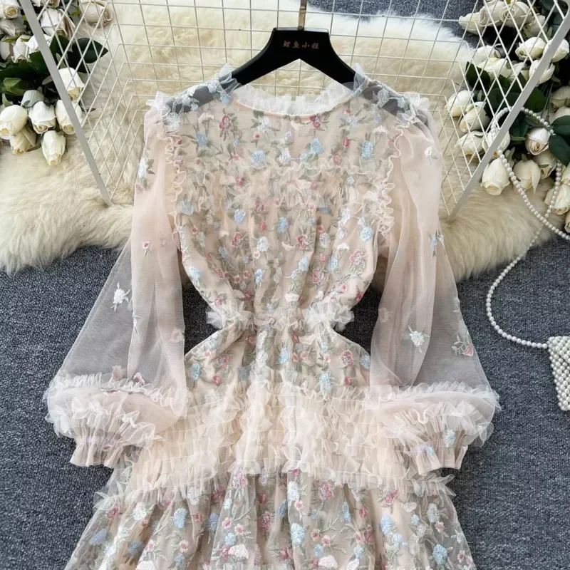Vintage Embroidered Flower Dress Women Long Sleeve O Neck Mesh Hollow Out Ruffle Maxi Dress Elegant Prom Party Evening Gown