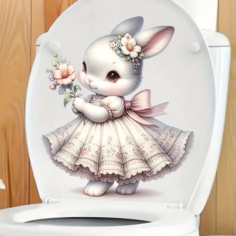 Bunny Holding Flowers Toilet Stickers, Bright Bathroom for Home Decoration, Vinyl Animal Decals, Art Wall Paper, Poster