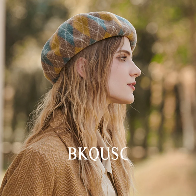 Beret Women Wool Classic Prismatic Check Cashmere Berets French Elegant Pure Wool Vintage Beret Woman Luxury Hats Winter Caps