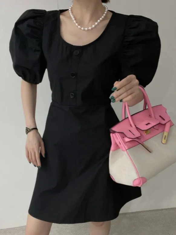 시크한 여름 벨트 버블 소매 허리 노출 드레스 여성 하이웨이스트 A라인 숏 드레스 플로럴 프린트 출근룩