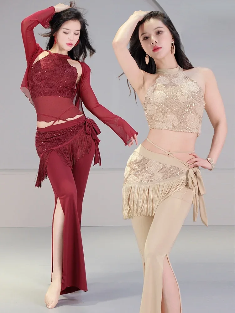 

Женский костюм для восточных танцев, тренировочный костюм для танца живота, топ с лямкой на шее, длинные брюки, костюмный комплект, цветочный блестящий шарф с блестками, новый