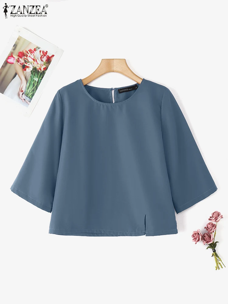 

Elegant Tops ZANZEA Women Blouse Fashion 3/4 Sleeve Solid Color Tunic 2025 Summer Casual Loose Split Hem Short Blusas Femininas