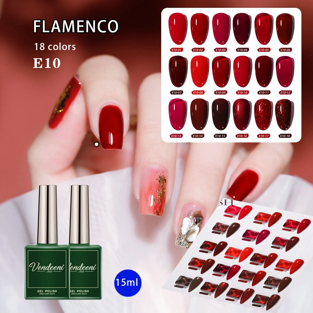 Vendeeni 18 Colors/set Claret Crystal Gel Nail Polish Red Sequins Nail Varnish Soak Off Pure Color Gel Lacquer With Display