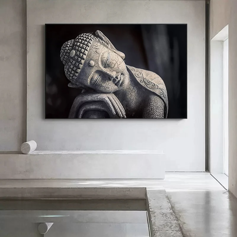 Black And White Meditating Buddha Statue Canvas Painting Buddhism Posters Prints Wall Art Pictures for Living Room Home Decor
