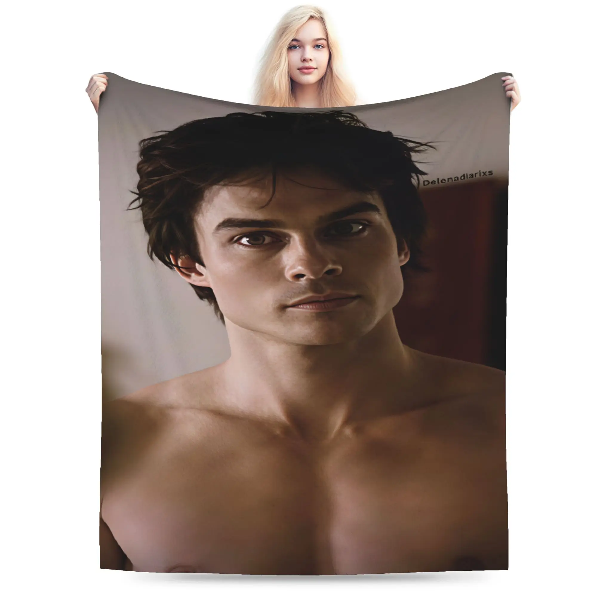 VIKAMA Vampire Diaries Damon Portrait Flannel Blanket Girl  Warm Cozy Throw Blanket Autumn Couch Chair Bedspread Sofa Bed Cover