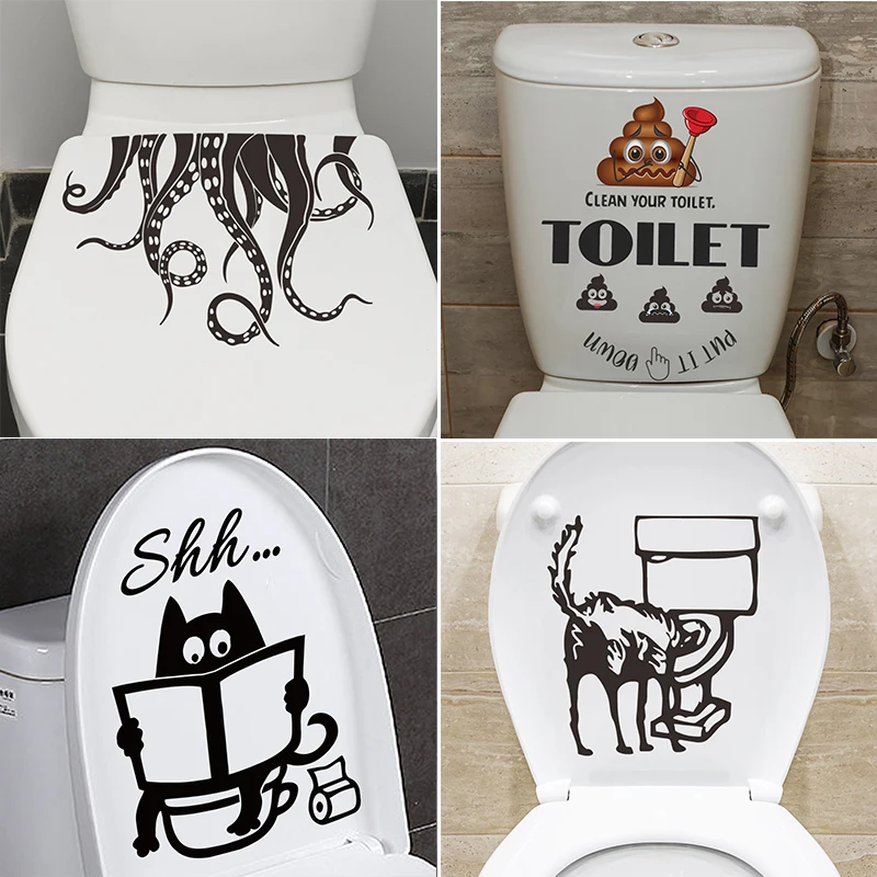 C17 # Pulpo gato de dibujos animados expresión divertida Animal baño cubierta de inodoro pegatina pegatinas de pared Wc para decoración del hogar