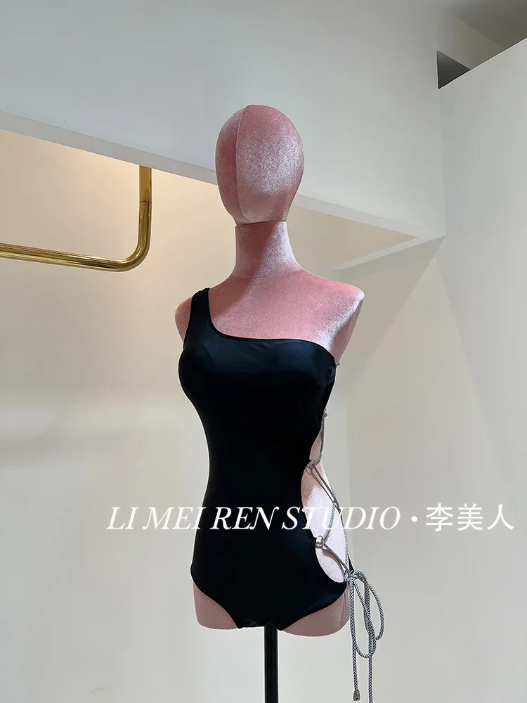New sexy hollow black strap slim fit one-piece swimsuit