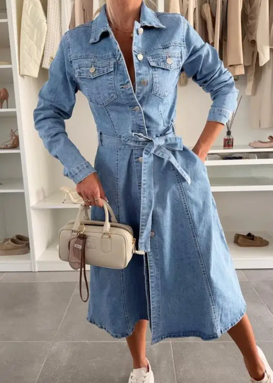 

Women's Long Sleeved Denim Shirt Dress Washed Jacket Casual Autumn Winter Outerwear Fashion 2025 New