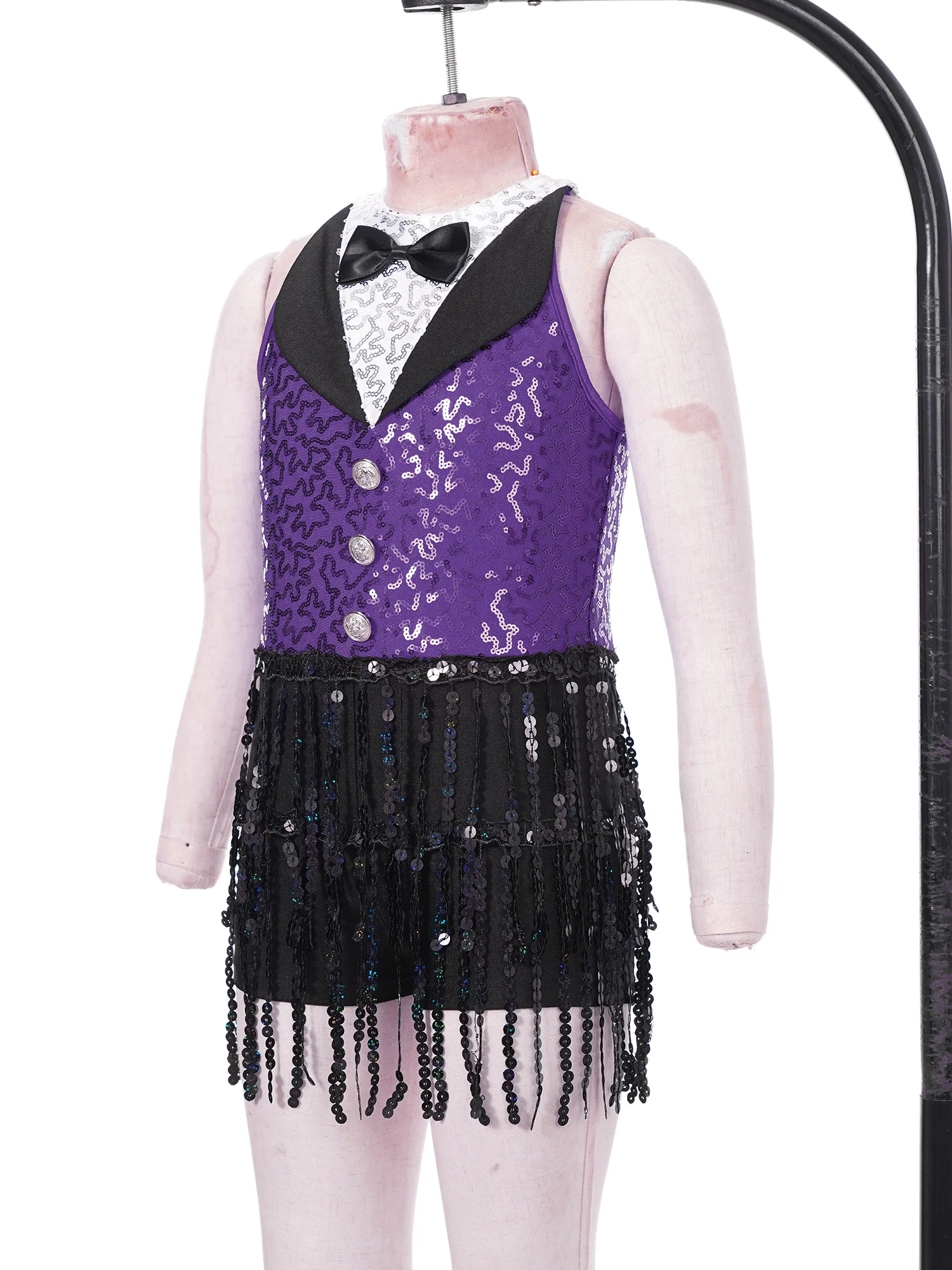 女の子タキシードジャンプスーツノースリーブフリンジラテンレオタードドレス子供スパンコールタッセルジャズダンス衣装ファッションヒップホップ服