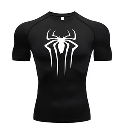 Spider Print Compression Shirts for Men Summer Short Sleeve Rash Guard Gym Workout Tshirt Athletic Quick Dry Undershirts Tops