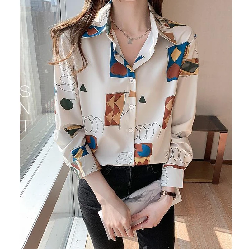 Vintage Elegant Chic Print Commute Ladies Tops Blouses Spring Autumn Fashion Casual Loose Long Sleeve Button Up Shirts for Women