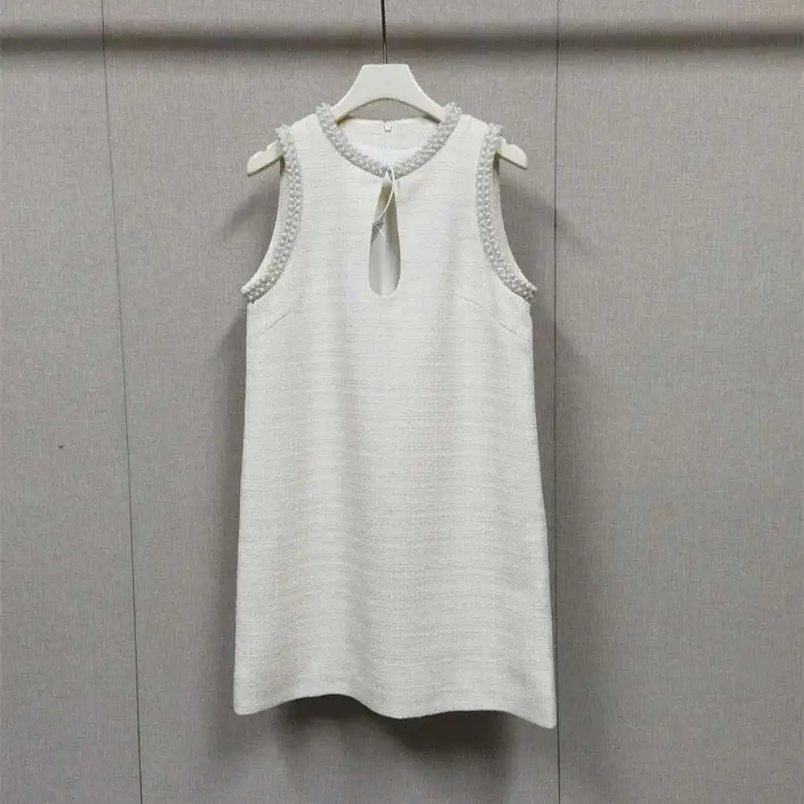 Luxury 2025 Spring Autumn White Pearls Collar Tweed Short Dress Women's Sleeveless Tank A Line Prom Evening Party  Vestidos