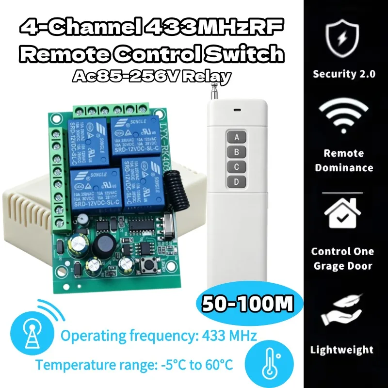 Smart Multiple AC85V 220V 230V 256V 10A 433 MHz 4CH Wireless Relay RF Remote Control Switch Receiver+ 4 Button Transmitter
