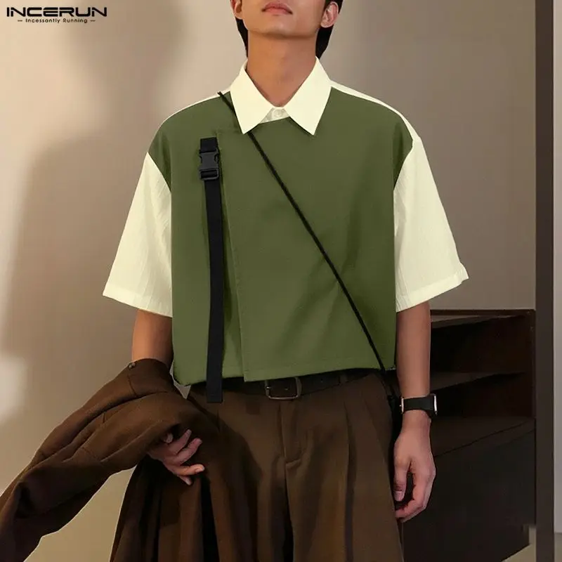 INCERUN الرجال قميص المرقعة التلبيب نصف كم ملابس الرجال غير رسمية فضفاضة الشارع الشهير الكورية نمط بلوزات على الموضة الذكور القمصان S-5XL