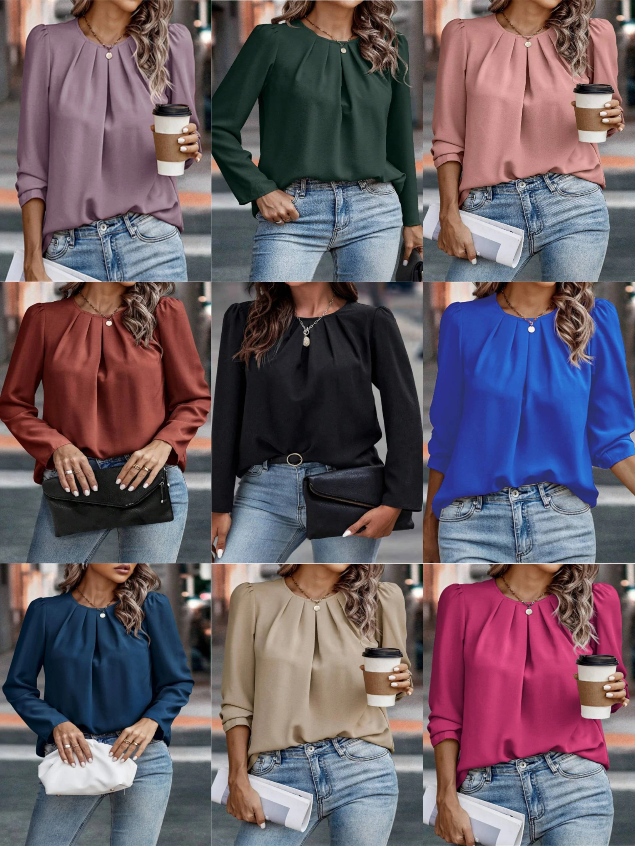 

Spring and summer 2024 ladies wrinkled round-necked casual commuter long-sleeved round-necked shirt