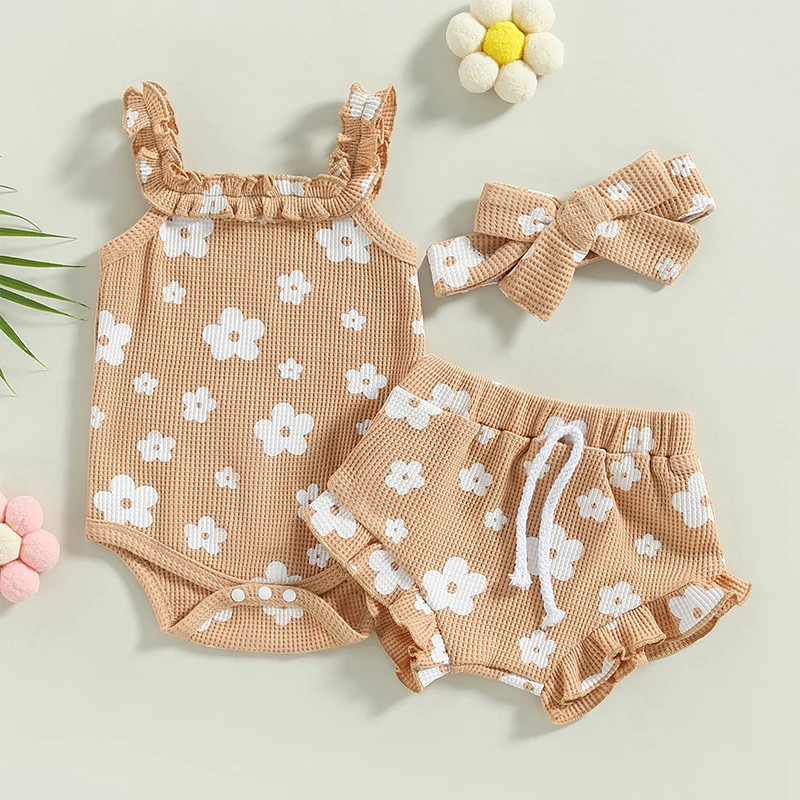 Baby Girls 3Pcs Summer Outfits Floral Sleeveless Strap Romper + Shorts + Headband Set image 2