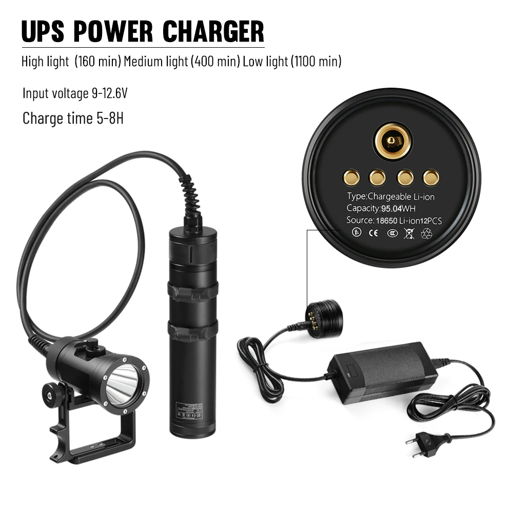 Asafee DT12 150M Underwater 5000LM SBT90 LED Lamp Diving Flashlight IPX8 Waterproof Scuba Torch Built-in 12Pcs Battery Lantern