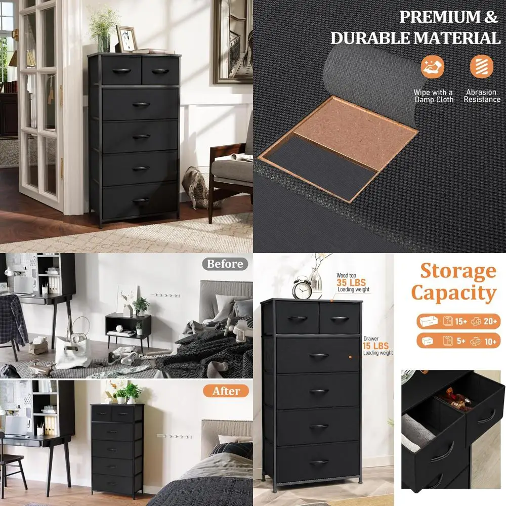 

Элегантный высокий тонкий комод с 6 ящиками, стальной каркас с деревянной столешницей, идеально подходит для спальни, шкафа, гостиной и хранения в прихожей (B)