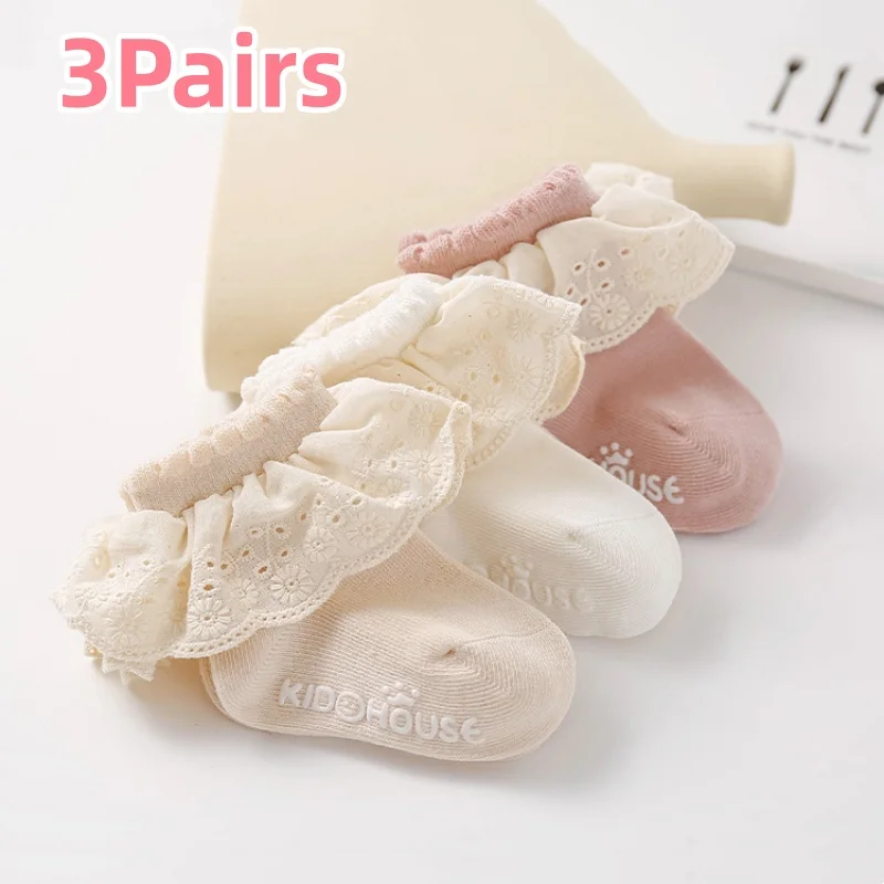 3Pairs/Set 0-3Y Baby Socks for Girls Spring Autumn Lace Trim Princess Floor Socks Cotton Boneless Anti Slip Toddlers Short Socks
