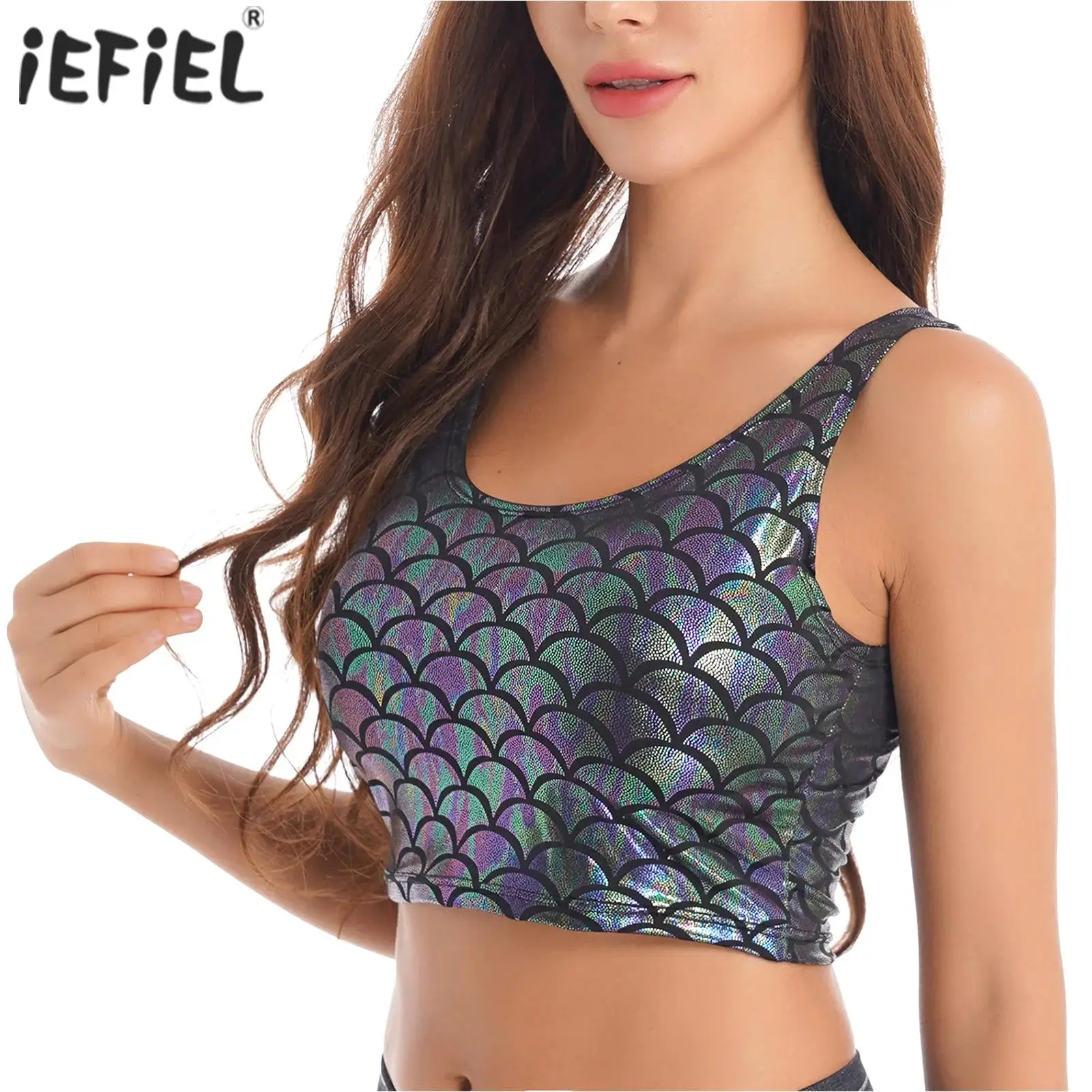 Women Crop Tops Shiny Metallic Mermaid Fish Scale Printed Cropped Tank Tops Vest Festival Rave Outfits Vest Tops Gogo Clubwear