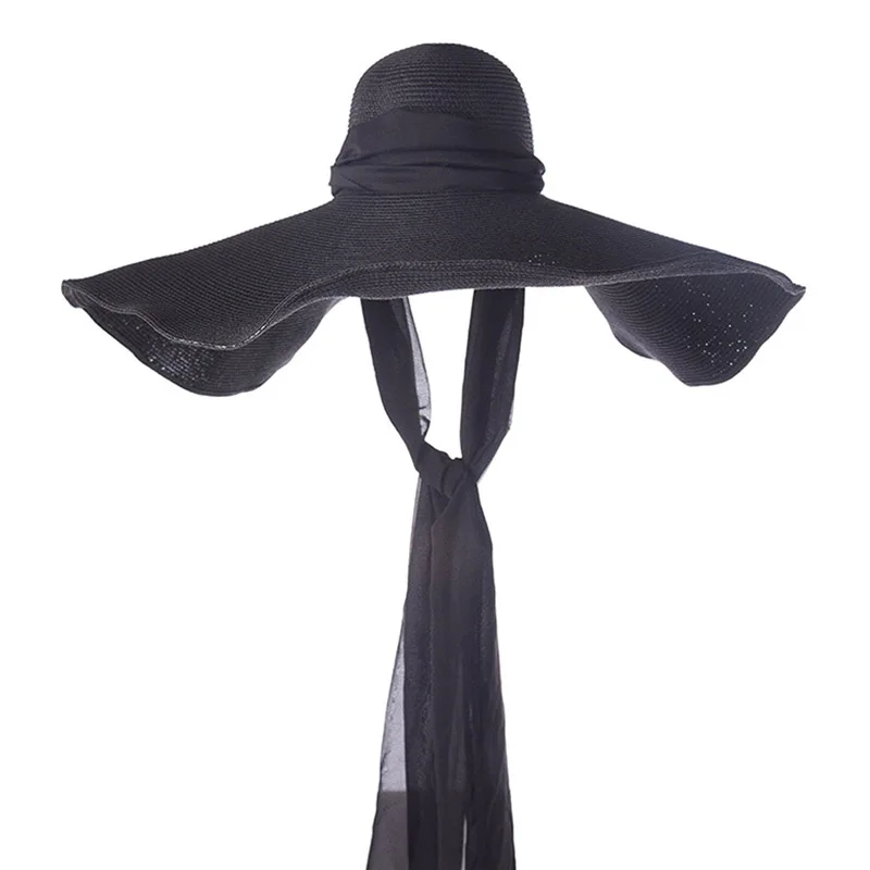 

Women Black 25cm OVERSIZED Sun Hat Soft Silk Ribbon Tie Wide Brim Floppy Hat Giant Beach Straw Hat Summer Kuntucky Derby Hat Cap