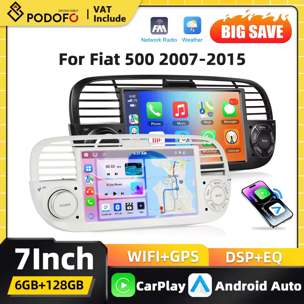 Lecteur multimédia automobile Android 2Din Podofo Carplay pour Fiat 500 2007-2015, système intelligent de voiture, navigation GPS, FM/RDS, WIFI, BT