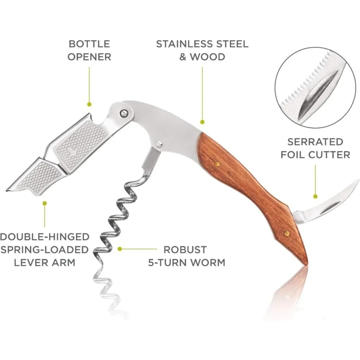 Durable Stainless Steel & Wood Corkscrew Multifunctional Spring-Loaded Double Lever Sommelier Wine Opener  for Travel, Home Bar