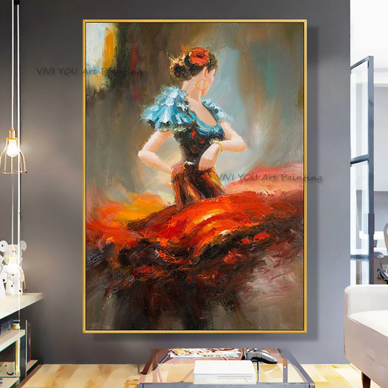 Handmade All-hand Brushed Dancer Canvas Art, Heavy Textured Flamenco Performer Abstract Oil Painting Vintage Entryway Wall Decor