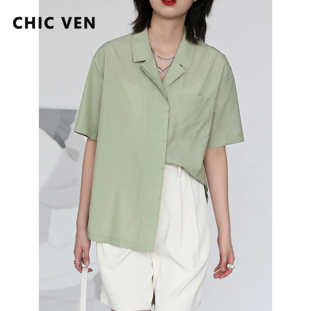 

CHIC VEN Fashion Women Shirt Loose Short Sleeve Solid Thin Blouses Double Collar Woman Clothing Female Tops Summer 2023