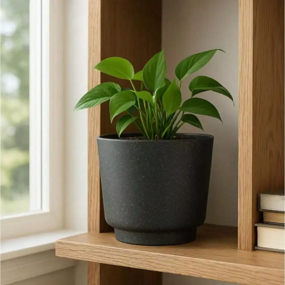 

Plant Pots, 8 in. Dia Black Round Pedestal Planter, Made from lightweight recycled polyresin, Easy knock-out drainage holes