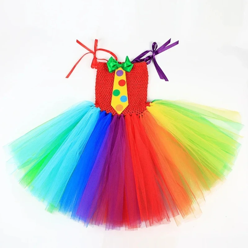 Children Rainbow Clown Costumes for Girls Clown Halloween Tutu Dress Funny in Multi-colored Tulles Outfit Kids Circus Show Tutus