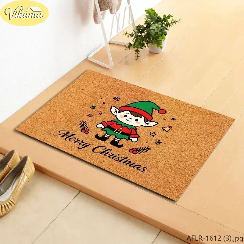 VIKAMA Christmas Entryway Rug Cartoon Christmas Elf Print Non-Slip Absorbent Indoor Foyer Floor Mat, Festive Holiday Party Decor