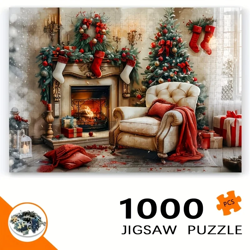 Festive Christmas Jigsaw Puzzle Cozy Living Room Scene Xmas Tree Fireplace Holiday Gift for Family Adults Kids Home Decor Game