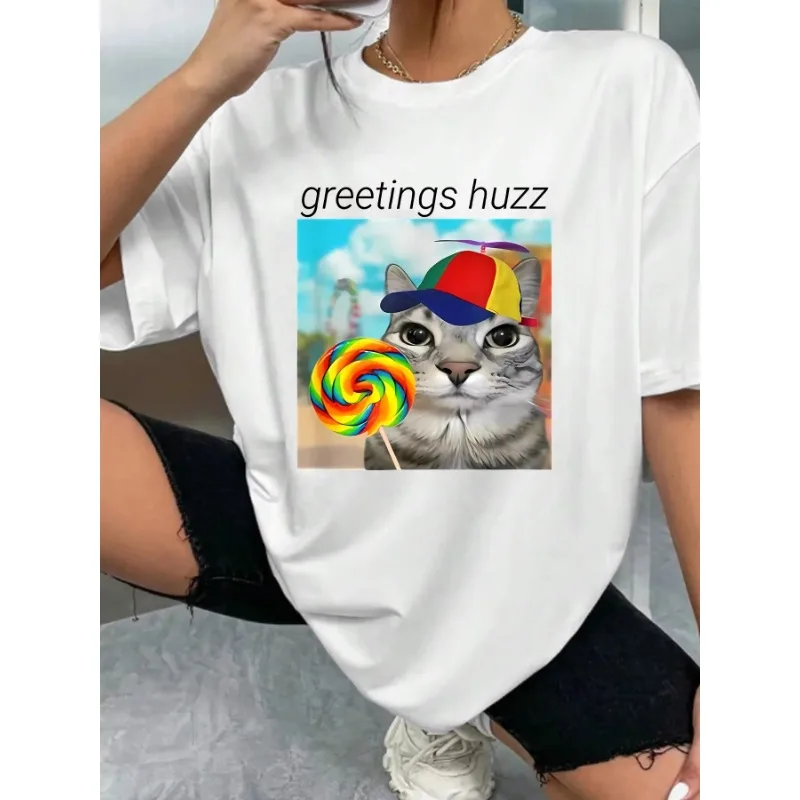 

GREETINGS HUZZ Letters and Lollipop Cat Pattern Summer Women's T-shirt Daily Trend Casual Loose Women's Y2K Harajuku Top