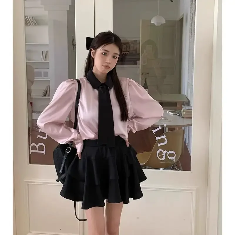 Women Clothes Contrast Korean Lacing Shirt Tops Long Sleeve Loose Youth All-match Sweet Blouse Fashion High Street Spring Autumn
