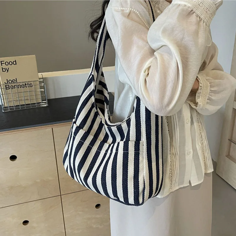 Canvas Bag for Women 2024 New Shopper Handbags Shoulder Tote Bag Casual Stripe Large Capacity School Bags Girls