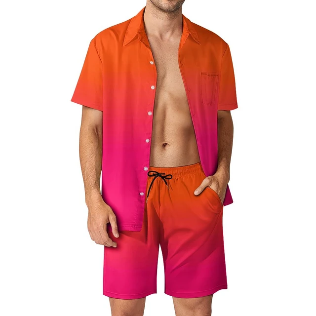 Ombre Print Men Sets Neon Orange Pink Casual Shorts Vacation Shirt Set Summer Hawaii Design Suit Short Sleeve Oversized Clothing AliExpress