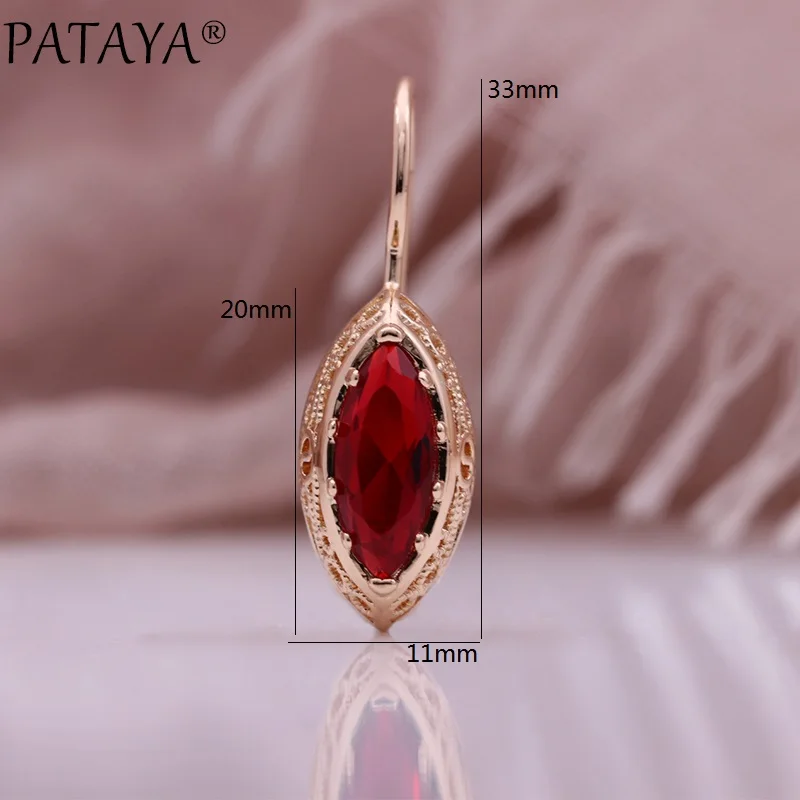 PATAYA New Red Horse Eye Natural Zircon Drop Earrings Trend Fashion Jewelry For Women 585 Rose Gold Color Unique Hollow Earrings