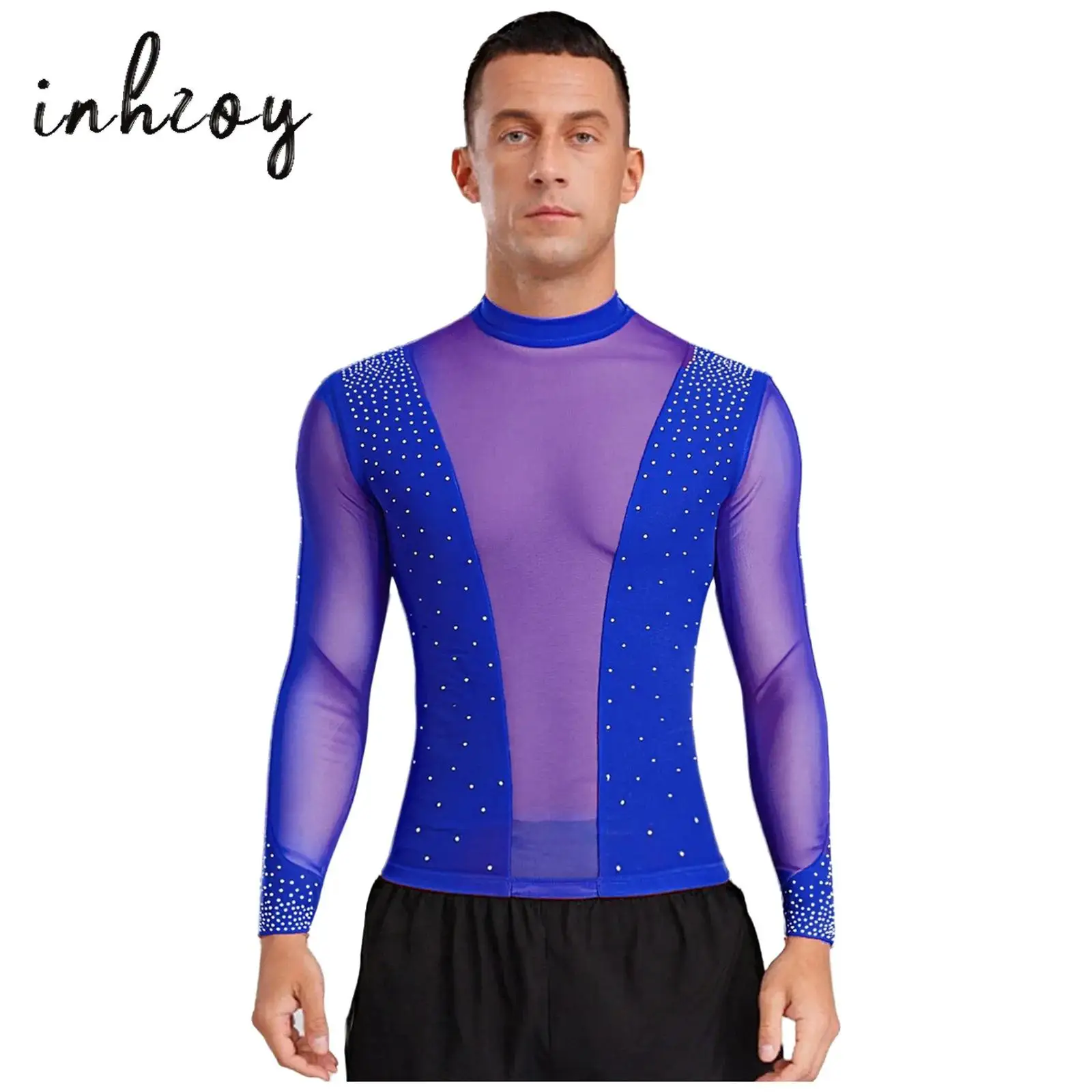 

Men's Chacha Latin Dance Top Sheer Mesh Patchwork Shiny Rhinestone Mock Neck Long Sleeve T-shirt Blouse for Ballet Tango Stage